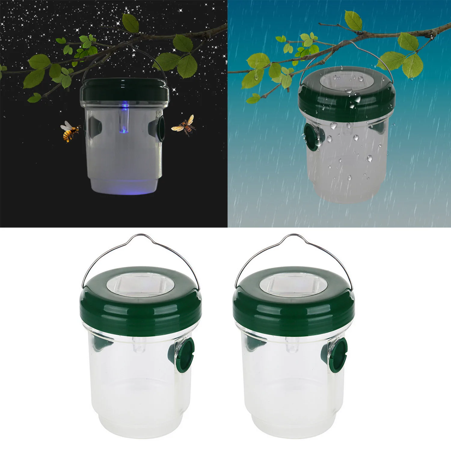 

Behogar 2pcs Outdoor Solar Powered Fly Trap Wasp Trap Catcher with LED Light for Home Garden Trapping Bees Yellow Jackets Bugs