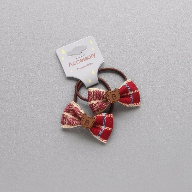 

2 PCS Cute Creative Lattice Small B Bear Bowknot Hair Circle Elastic Hair Bands Handmade Girls Women Barrette Hair Accessories
