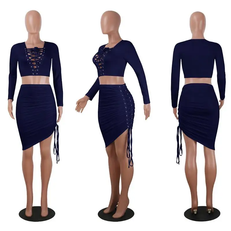 ADEWEL 2017 Autumn Women Bandage Lace Up Two Piece Set Mini Dress Sexy Bodycon Long Sleeve Crop Top &  Irregular Club Dress Sets (5)