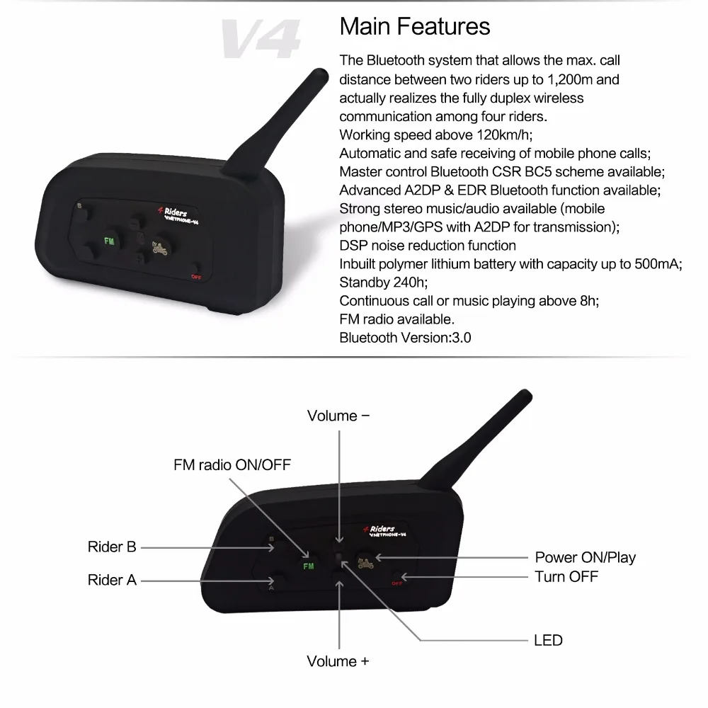 Vnetphone V4 1200 м Мотоциклетный шлем bluetooth Переговорная гарнитура 4 всадника bt домофон с fm-радио