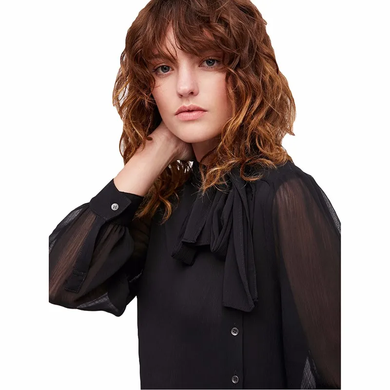 HDY Haoduoyi Solid Black Mesh Semi-Sheer Sexy Women Shirts O-neck Full Sleeve Button Bowknot Belt Lady Tops Casual Female Blouse