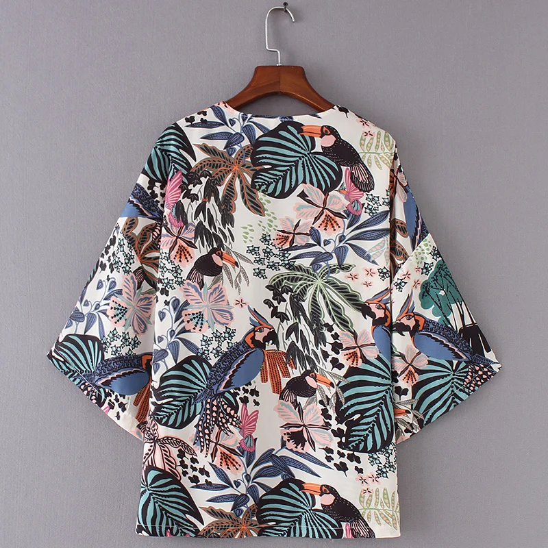 New Women Chiffon Beach Kimono Cardigan Bird Leaves Print Open Front Holiday Loose Thin Blouse Beachwear Cover Up 2019