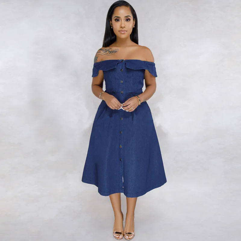 Off Shoulder Casual Denim Jeans Dress Women Button sleeveless Bodycon Dress 2019 Autumn Winter Party Sexy Club Female Dresses