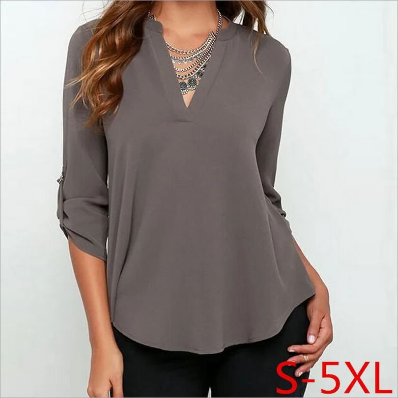 

2019 Sexy New Women V Neck Long Sleeve Chiffon Shirt Loose 7 Color Plus Size 3XL 4XL 5XL