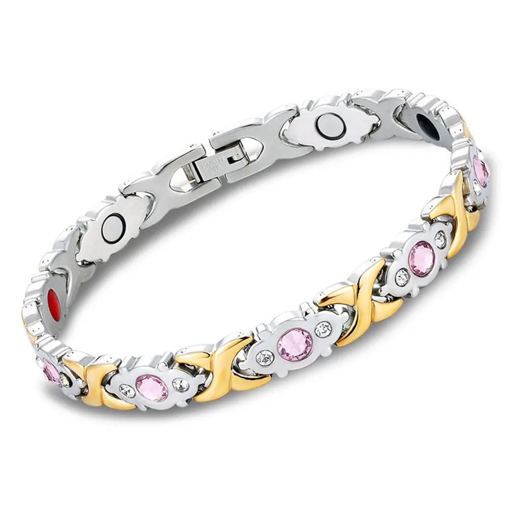 

GENBOLI Womens Titanium Stainless Steel Magnetic Bracelet Rhinestone Health Care Gift Crystal Hollow Fashion Bangle