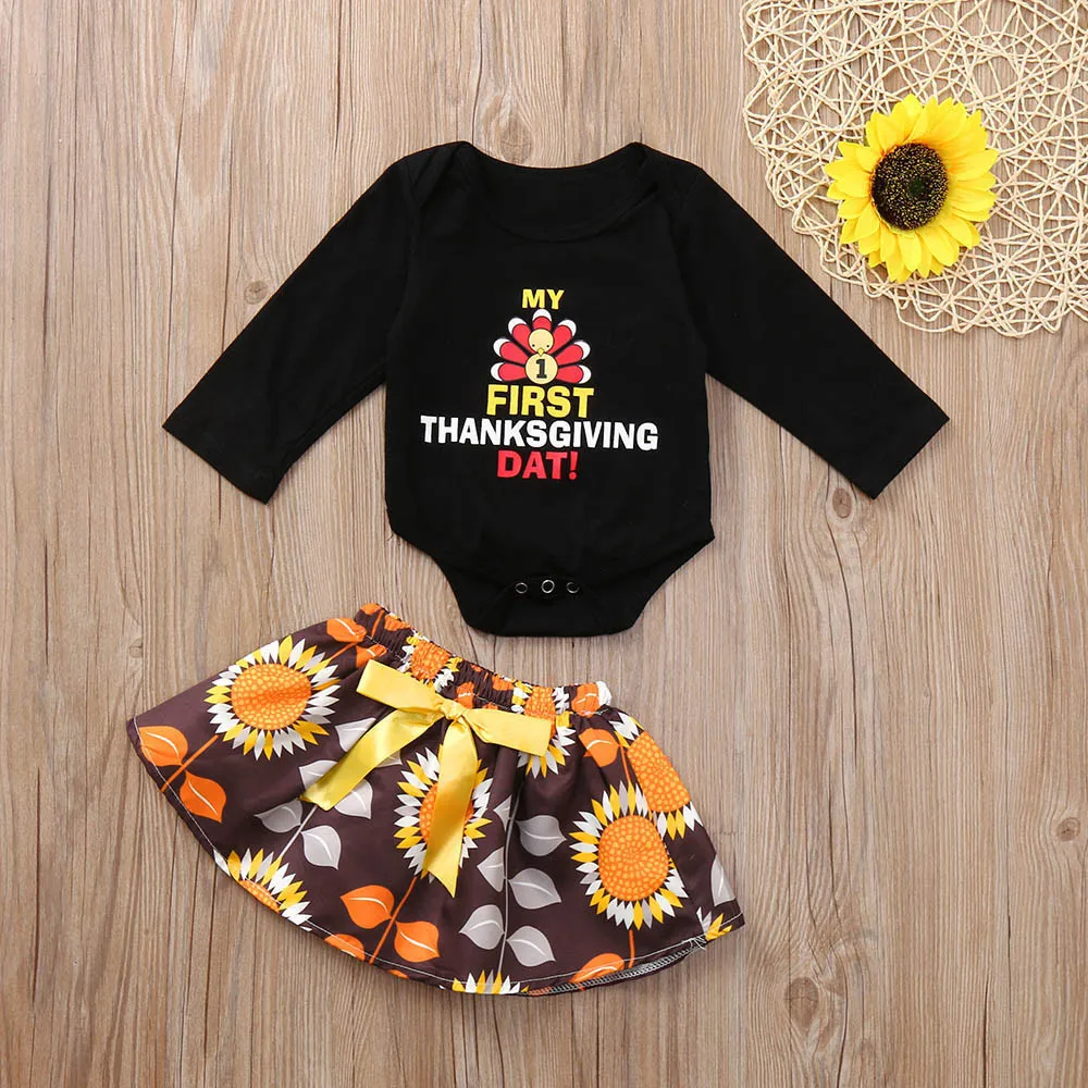 

Exquisite Infant Baby Cloth Thanksgiving Day Costumes Turkey Letter Print Romper Jumpsuit+Skirt Outfits Kids Clothes Vetements
