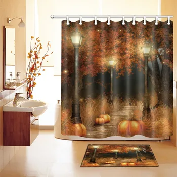 

Fall Night Scenery Pumpkin Lights and Sycamore Tree Shower Curtain with Mat Set Waterproof Bathroom Fabric For Bathtub Decor