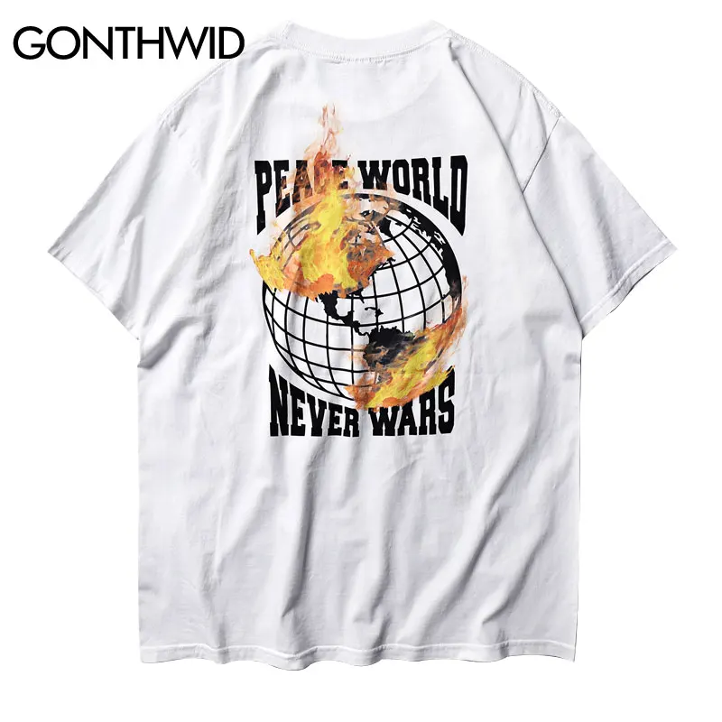 

GONTHWID Peace World Never Wars Tshirts Fire Earth Tees Streetwear Mens Hip Hop Casual Short Sleeve T Shirts Harajuku Male Tops