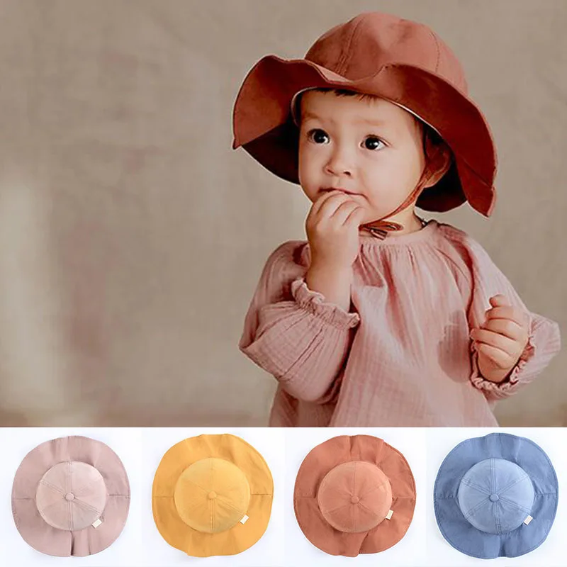 Summer New Soft Cotton Solid Color Big Brim Baby Hat Beach Girl Panama Cap Girls Bucket Sun Hat