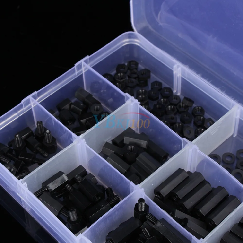 

New Arrival 260pcs/box M3 Nylon Black Hex Screw Nut Assortment Kit Stand-off Set Free Shipping