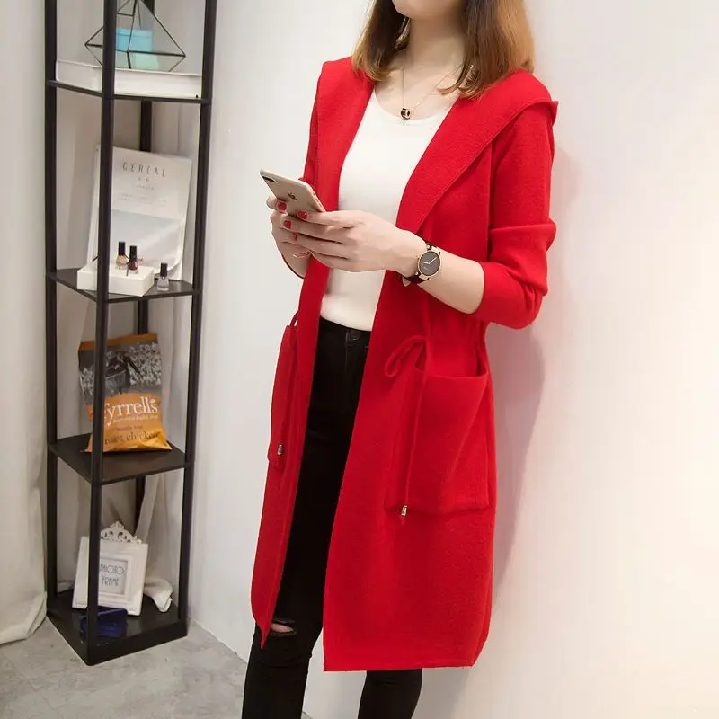 

2019 Spring Autumn Women Belt Loose Hooded Knitted Long Cardigan Sweater Jacket Female Casual Warm Tricot Coat Casaco Mujer K109