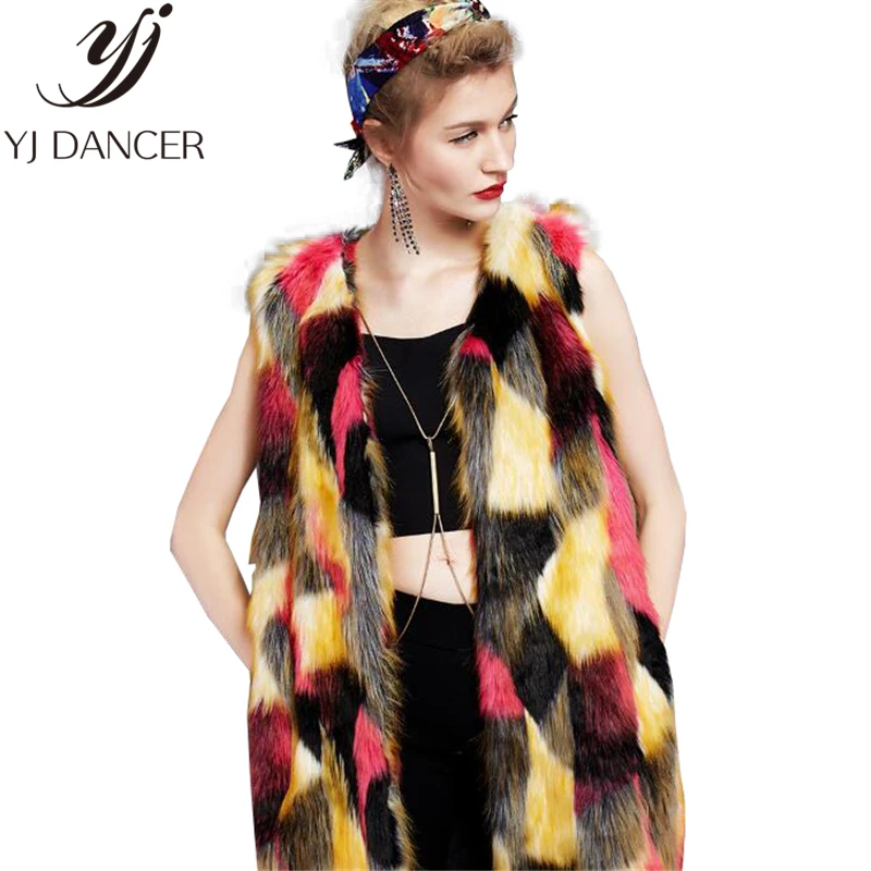 

2018 Women Elegant Fur Coats Colorful Faux Fur Coat Multicolor sleeveless Collarless Casual Woman Winter Fur Coats Vest Ljj0077