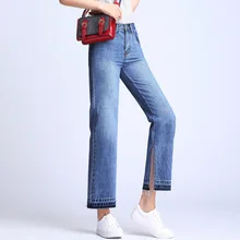 New2019Plus размер женские джинсовые брюки прямые брюки джинсовые брюки Высокая талия женские ампир Сплит конец лодыжки длина брюки XXXXXL