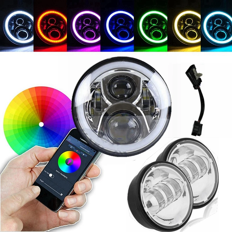 

1X7 Inch LED Projector Headlights with Multicolor RGB Halo Angle Eye + 2X30W 4.5 inch Led Fog Light Driving ForHarley Motorcycle