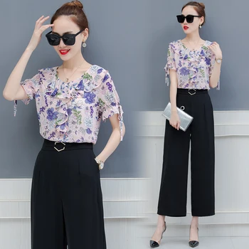 

v neck floral print blouse wide-legged pants new 2018 summer two-piece women Korean fashion tall waist chiffon black trousers