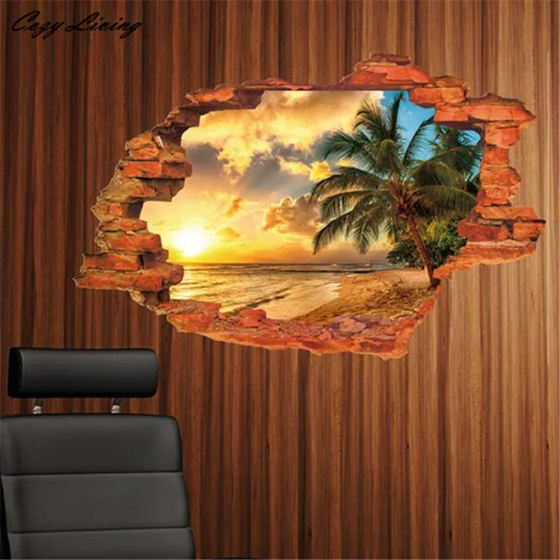 Wall Sticker 3D Sunset Seascape 3D Window View Removable Wall Sticker