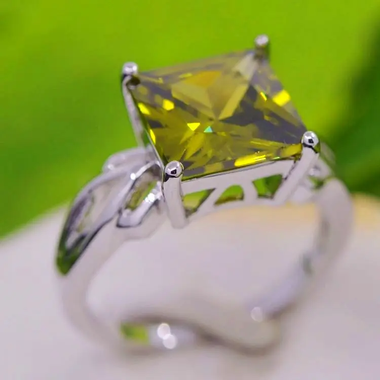 Hot Sale Fashion Designer Jewelry 10mm Square Green Zircon Crystal Ring Plated White Gold Bijoux Women Wholesale $2.48/pc | Украшения и