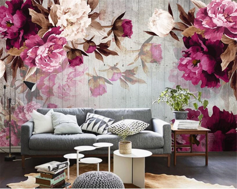 

Custom Photo Wallpaper Wall Sticker photo Peony Flower Wood grain Background wallpaper papel de parede papier peint