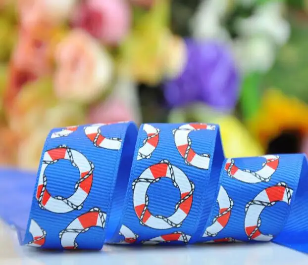 

5Yards /1"25-26mm 1" 25mm blue color with Red swim ring / life buoy printed Grosgrain Ribbon