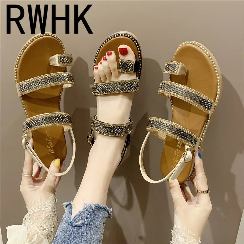 

RWHK 2019 summer Korean version of the new wedge sandals women's fashion with a set of flat rhinestone sandals B116