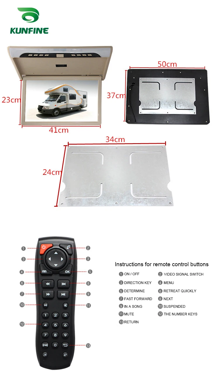 KUNFINE (19 Inch) Car Roof Monitor LCD Flip Down Screen Overhead Multimedia Video Ceiling Roof mount Display (Build in IRFM Transmitter USB 19inch MP5  (3)(1)