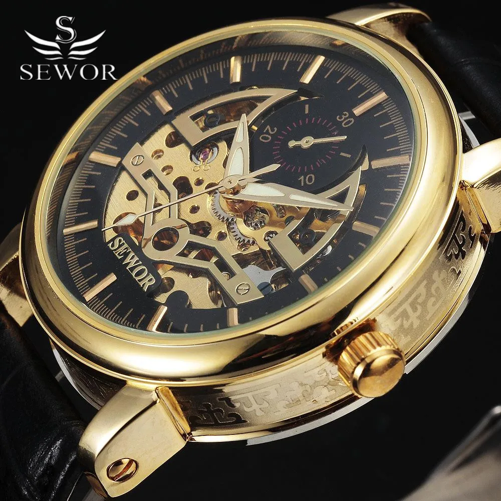 SEWOR 2016 Fashion Gold Skeleton Watch Mens Luxury Leather Band