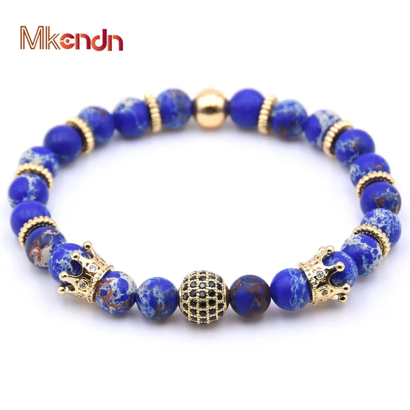 

MKENDN Brand New Fashion Pave CZ Men Bracelet 8mm Stone Beads With Imperial Crown Bead Charm Bracelet For Men Women Jewelry Gift