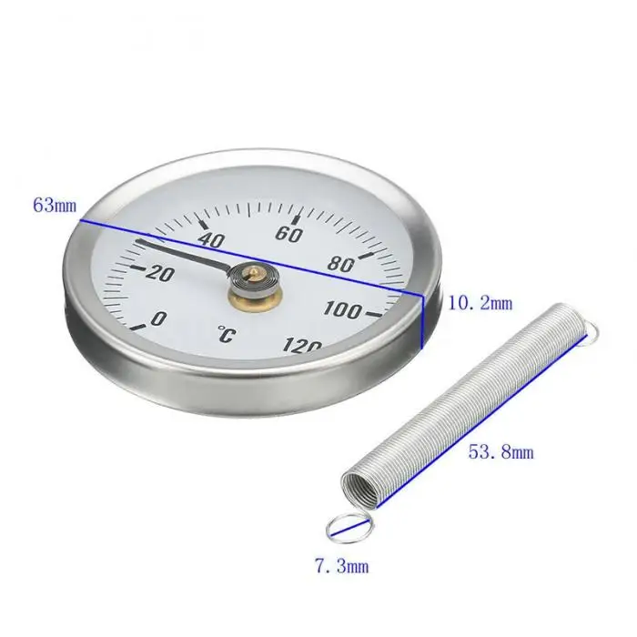 63 мм 0-120 градусов Цельсия зажим на трубе циферблат термометр металлический термометр датчик температуры с пружиной для горячей воды/отопления/масляных резервуаров