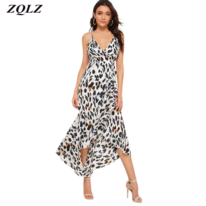 

Zqlz Leopard Print Vintage Bandage Long Dress Summer Beach Bohemian Asymmetrical Spaghetti Strap Sexy Club Party Dresses