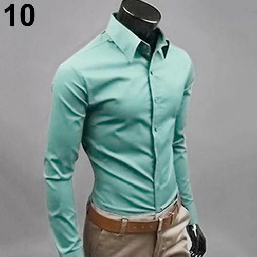 Мужская модная повседневная однотонная приталенная Мужская рубашка ярких цветов с длинным рукавом, мужские рубашки из хлопка и полиэстера, рубашки для мальчиков, короткий топ, 15 - Color: Celadon