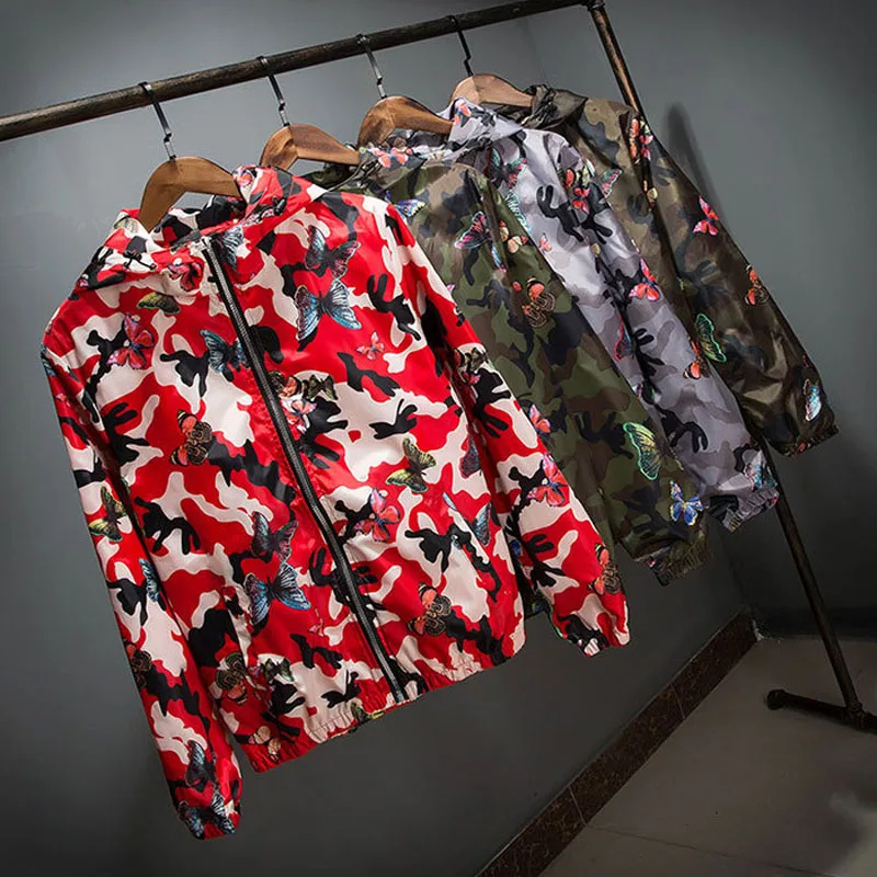 New Design Mens Jacket Coat Print Butterfly Camouflage Soft Thin Hooded