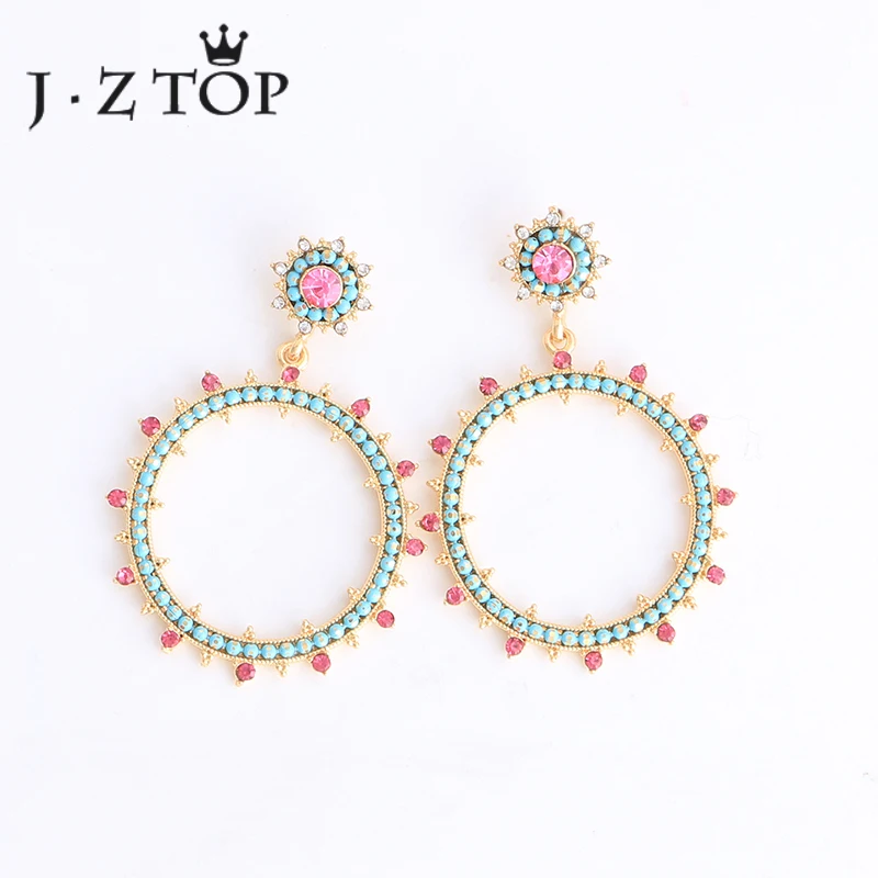 

JZTOP Vintage Ethnic Crystal Circle Drop Earrings Woman Luxury Colorful Rhinestones Round Geometric Dangle Earring Lady Wedding