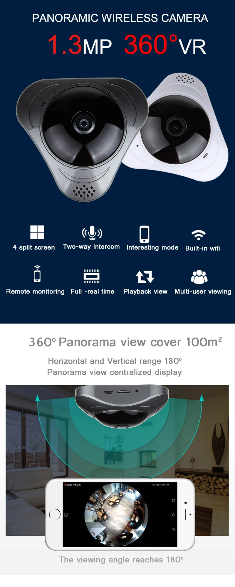 OUERTECH Full view wifi 360 градусов двухсторонняя аудио панорамная 1.3MP ночное видение беспроводная Смарт ip-камера поддержка 64g YOOSEE