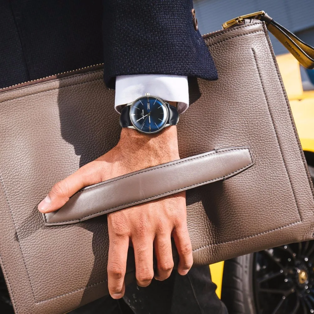 リーフ虎古典 Heritor ブルーダイヤル鋼メンズ腕時計自動と革ベルト