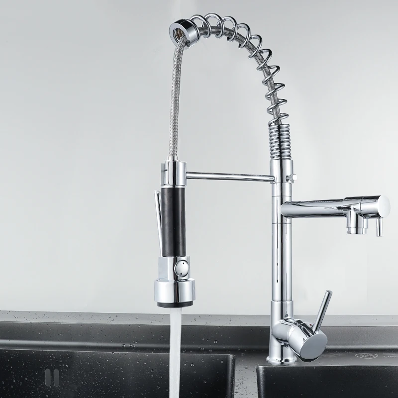 Brushed Nickel Black Kitchen Faucet Pull Out Spray Dual Function