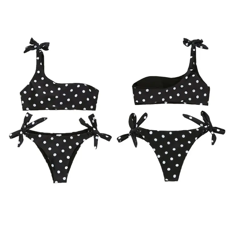

9 Styles Womens Two Piece Bikini Set Tie Knot Straps One Shoulder Swimsuit Low Waist Side Tie Contrast Colored Vertical Stripes