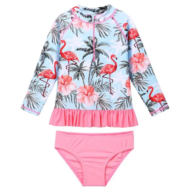 US $11.65 BAOHULU Long Sleeves Girls Swimsuit Kids UPF50 Girls Swimwear Flamingo Floral Ruffle Swimwear Girl