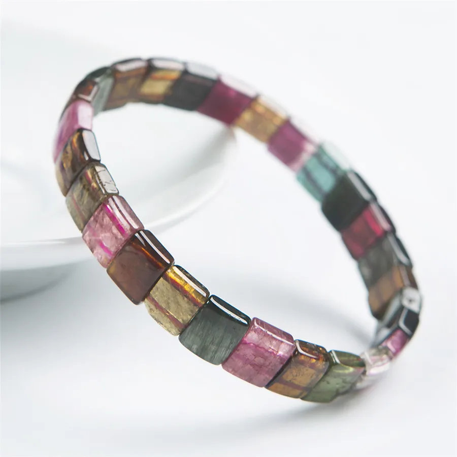 

100% Natural Tourmaline Quartz Gemstone Colorful Rectangle Bead Stretch Crystal Bracelets Bangles Bracelets AAAAA Drop Shipping