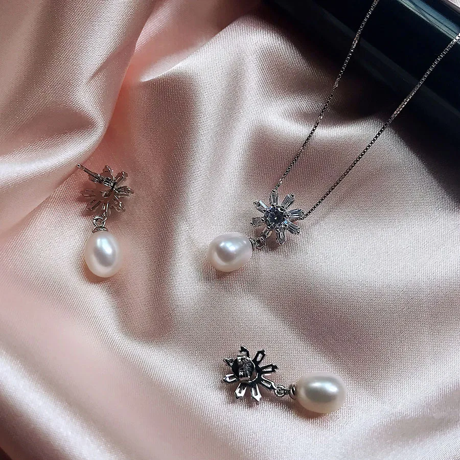 

High Quality Real Natural Pearl Solid Silver Jewelry Sets For Women Fashion Zircon White Freshwater Pearl 925 Sterling Silver