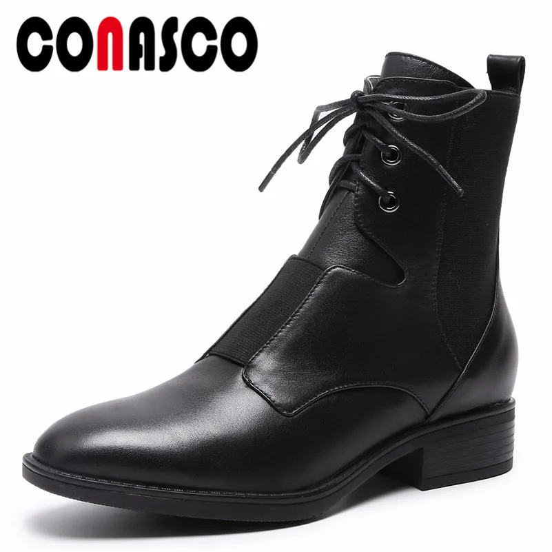 

CONASCO New Women Genuine Leather High Heels Motorcycle Boots Lace Up Warm Autumn Winter Shoes Woman Round Toe Basic Boots