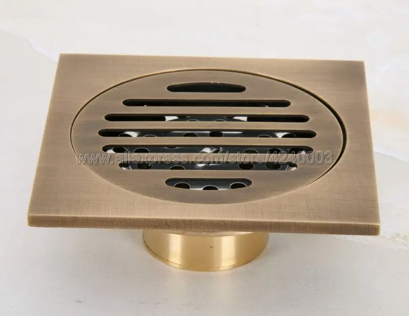 Antique Brass Square Floor Drain for Bathroom Kitchen w// Strainer Grate
