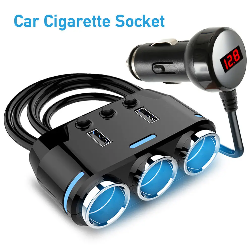 

12V-24V Car Cigarette Lighter 3 Way Socket Splitter Plug LED USB Charger Adapter 1A 2.1A 100W Voltage Monitor For Phone Pad