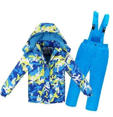 Зимний детский комбинезон, Толстая теплая водонепроницаемая ветрозащитная дышащая хлопковая зимняя куртка и комбинезон для мальчиков и девочек, штаны, 2 шт - Цвет: Небесно-голубой