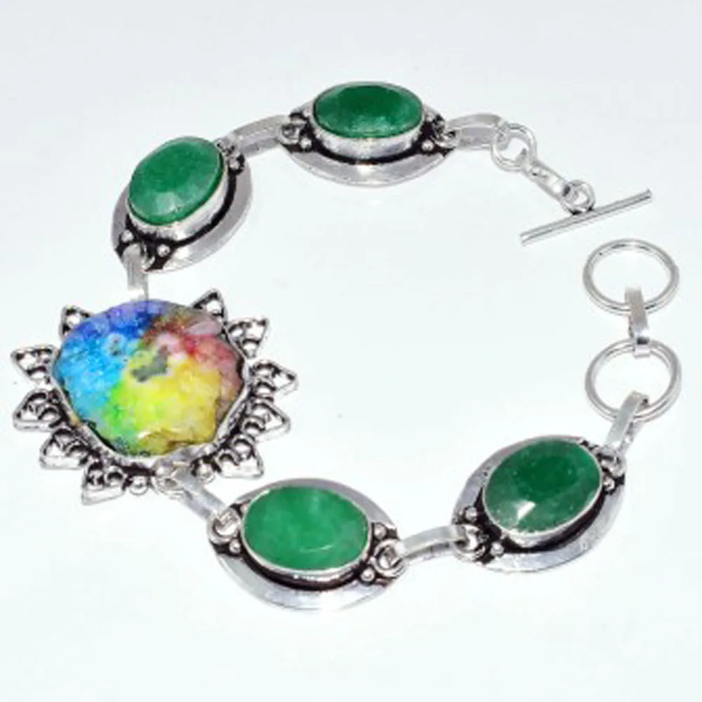

Solar Quarts& Emeralds Bracelet Silver Overlay over Copper , 21.2 cm, B3596