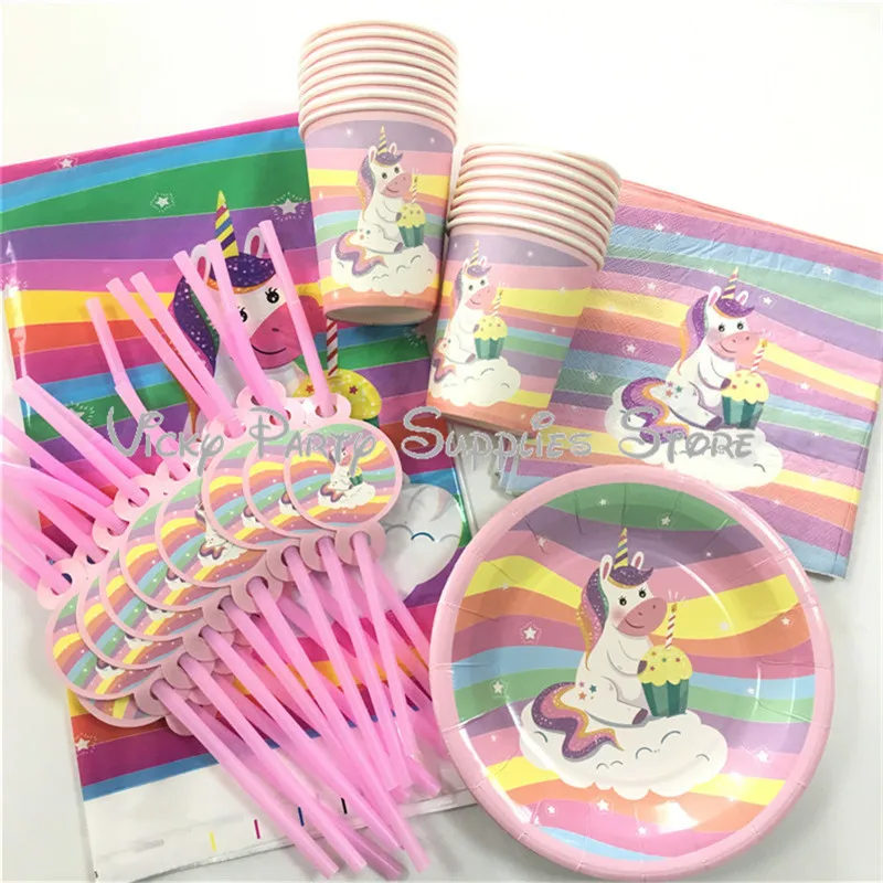 

29pcs/lot Fantasy Rainbow Unicorn Disposable Tableware Set Birthday Baby Shower Cartoon Unicorn Party Decoration Supplies