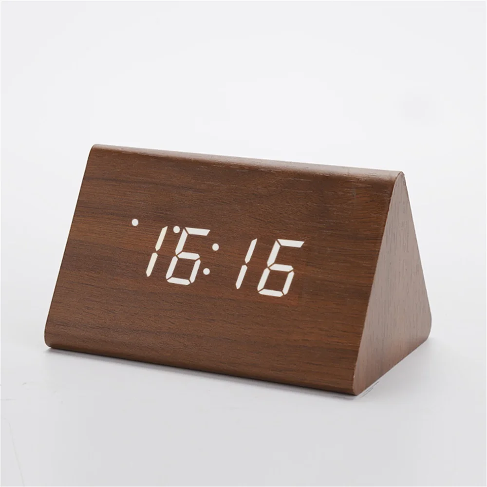 

Creative Wood Alarm Clock Digital Clocks Sound Control Snooze Brown Wood Table LED Clock Thermometer Home Decor Gift