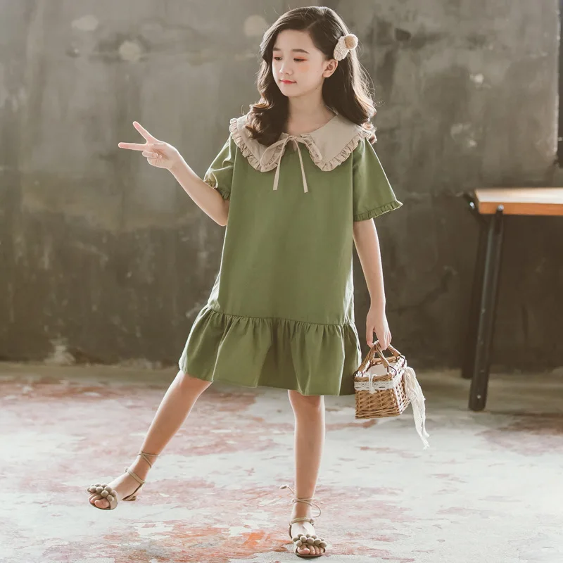 Новинка года, летнее зеленое детское платье в стиле милитари с круглым отложным воротником и бантом для девочек, хлопковое платье для малышей повседневные оборки#5289