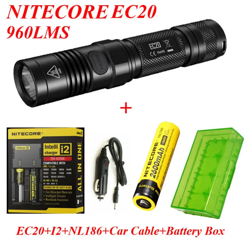 

Nitecore EC20 XM-L2 T6 LED 960 Lumens flashlight+I2 Digicharger+NL186 2600mAh Battery+Car Charger+Battery Box,Freeship