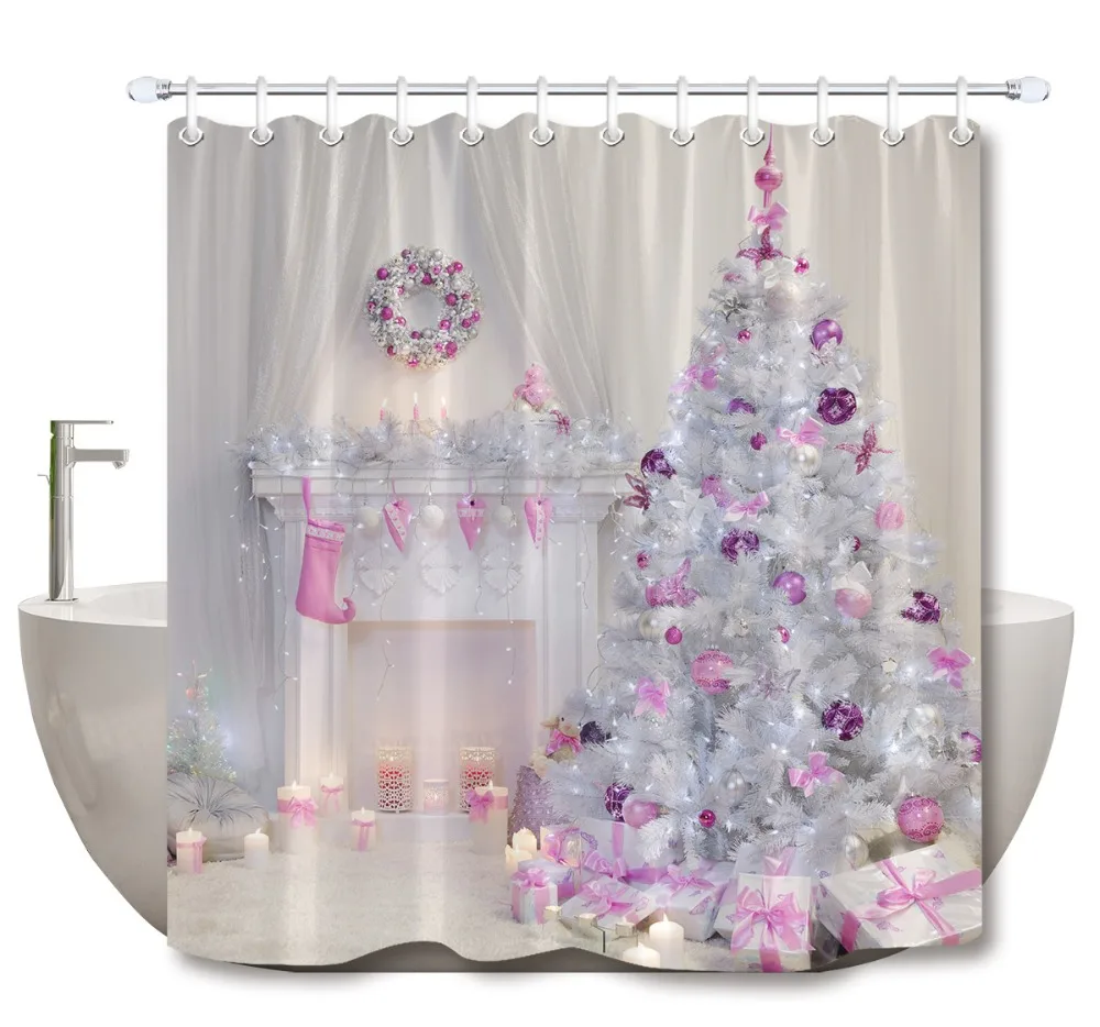 

Christmas Tree Interior Xmas Fireplace in Pink Decorated Indoors Shower Curtain With Mat Bathroom Fabric For Bathtub Decor