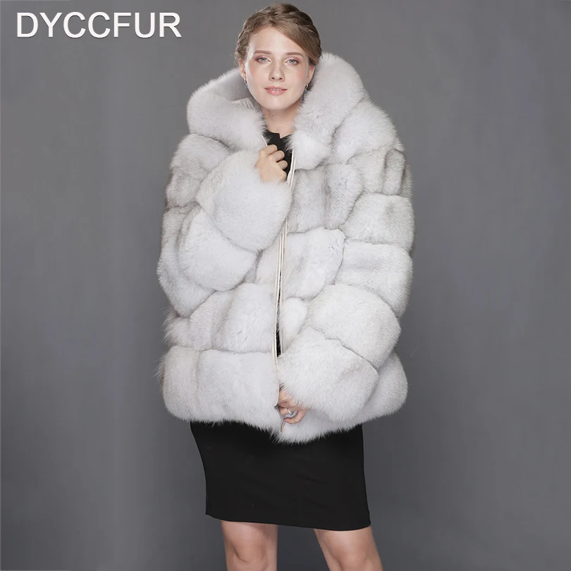 DYCCFUR Luxury Women Warm Real Fur Coat Female Hooded Fashion Real Blue